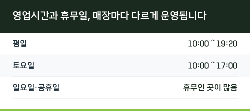 영업시간과 휴무일, 매장마다 다르게 운영됩니다