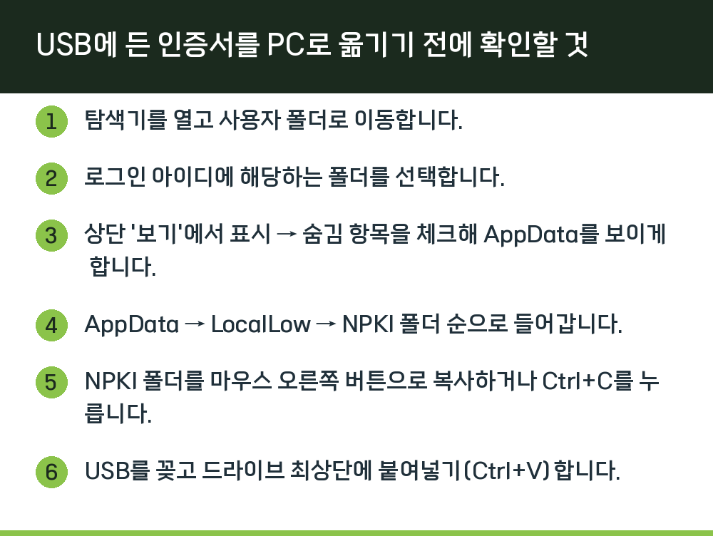 USB에 든 인증서를 PC로 옮기기 전에 확인할 것