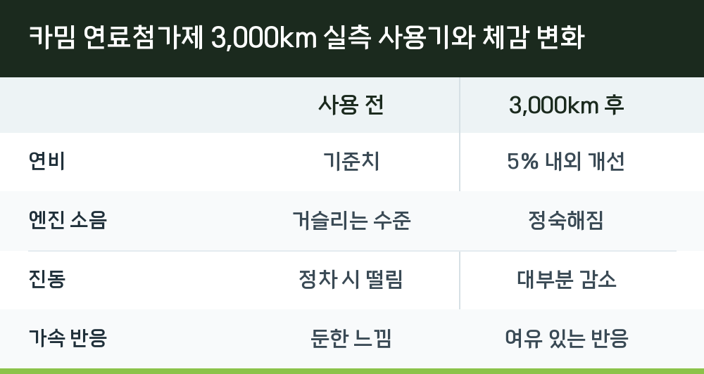 카밈 연료첨가제 3,000km 실측 사용기와 체감 변화